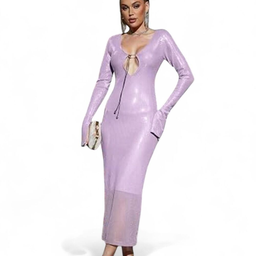 Sexy Elegant Purple Sequin Bodycon Maxi Dress Glam Deep V Evening Gown
